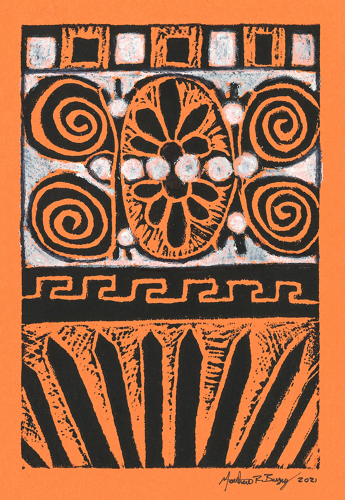 An example of the ancient Greek inspired relief print made with this month's ARTventures lesson.