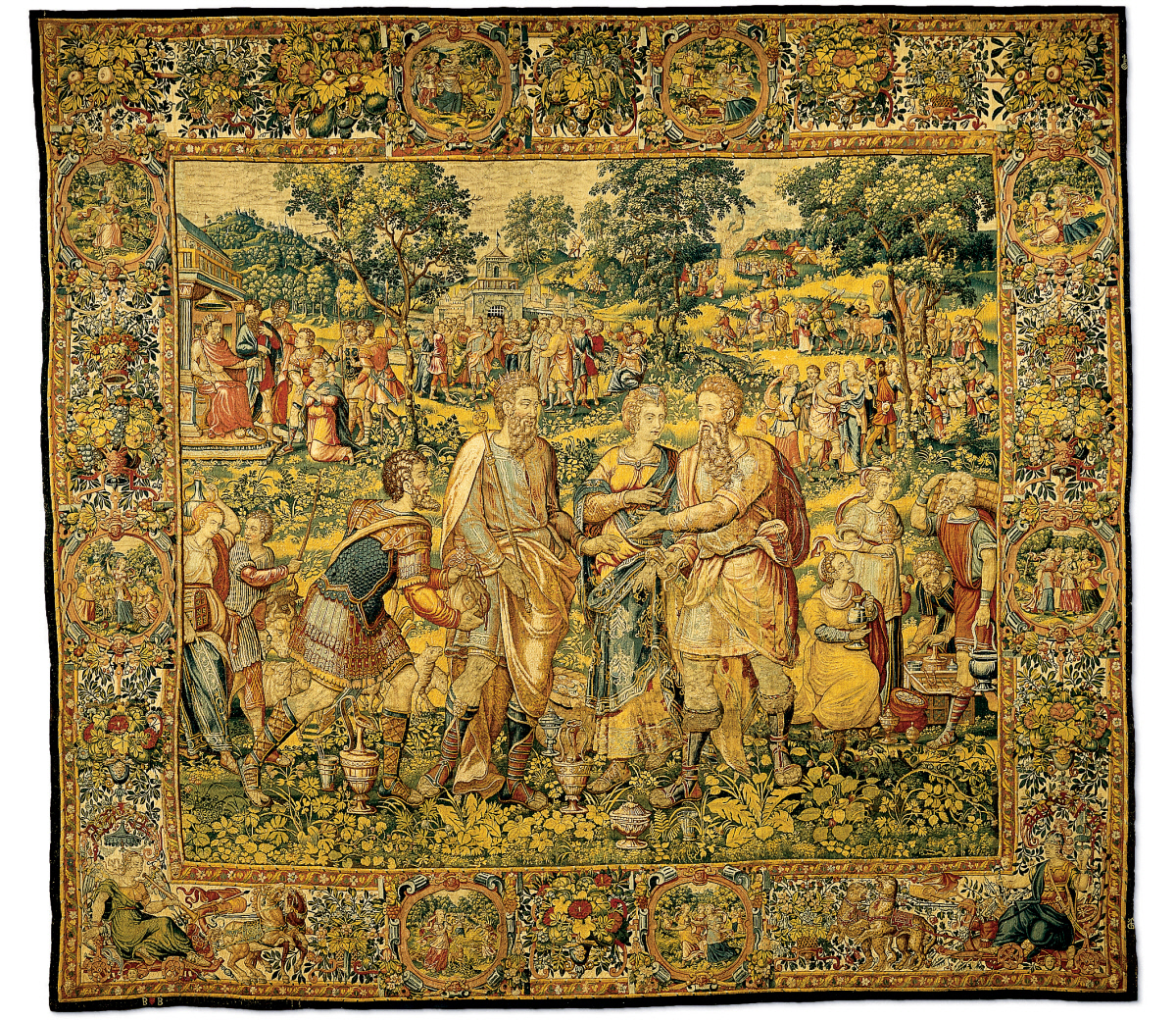 This image shows this month's featured artwork, Frans Geubels' tapestry, King Abimelech Restores Sarah to Her Husband, Abraham, created about 1580.