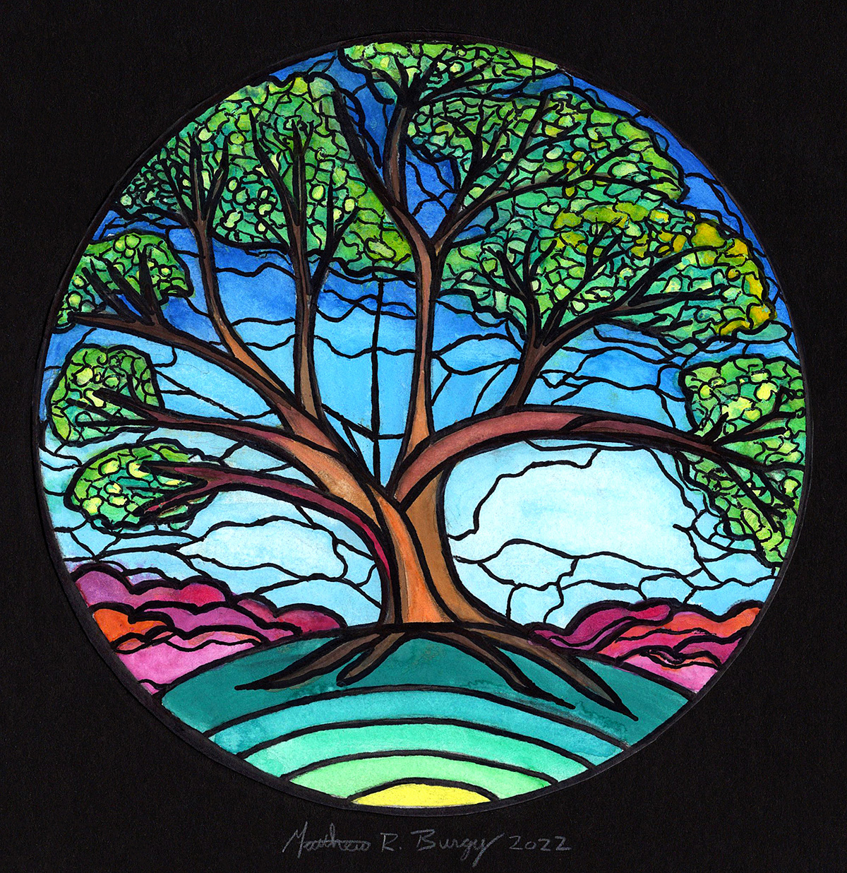Pictured is an example of the stained-glass inspired painting that you can make with this month's ARTventures lesson.