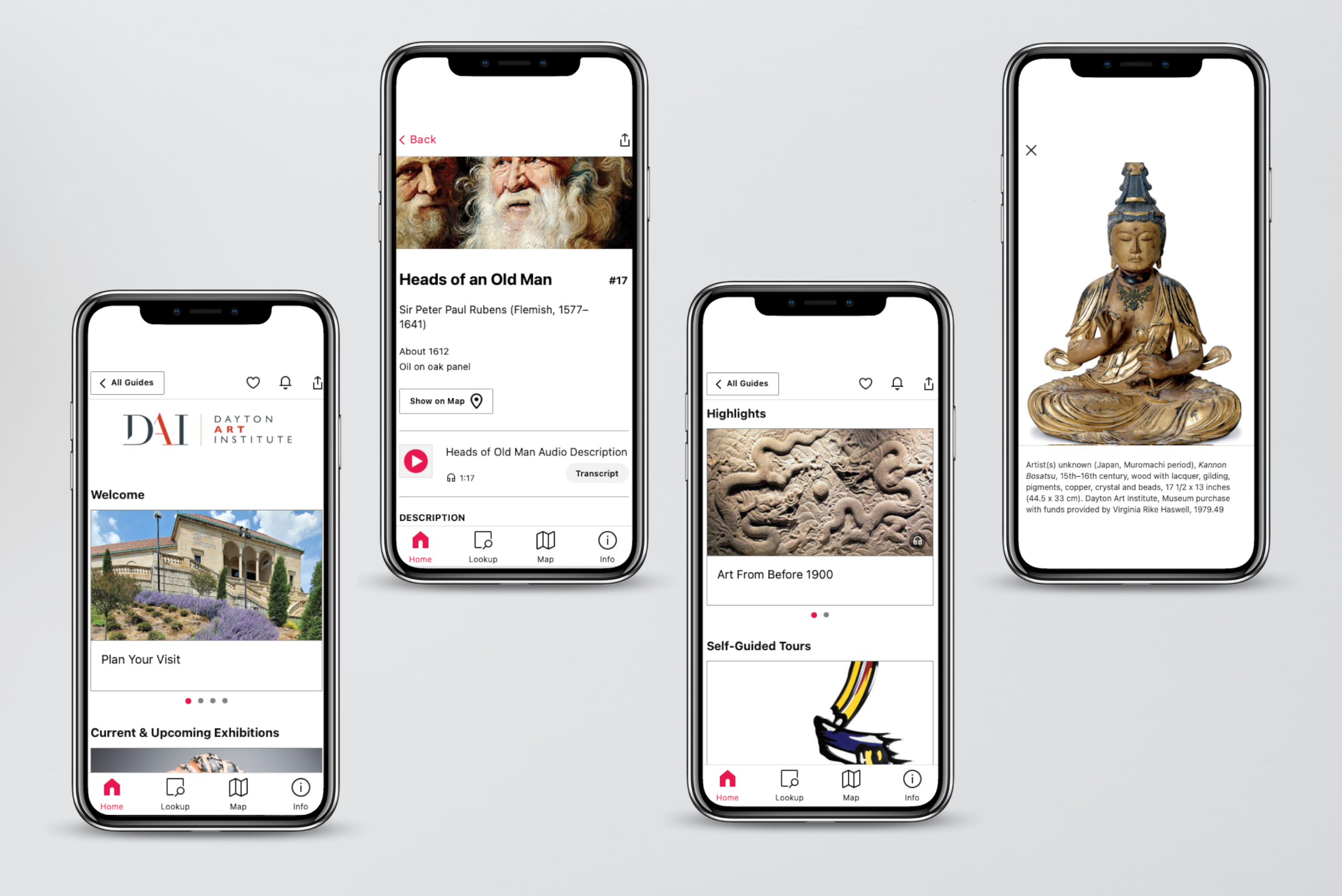 4 cell phones with images of the Dayton Art Institute guide in the Bloomberg Connects App.